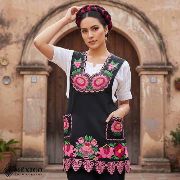 Black Mexican Embroidered Apron – Premium Cotton Blend Apron with Pink Floral - Picture 2 of 9